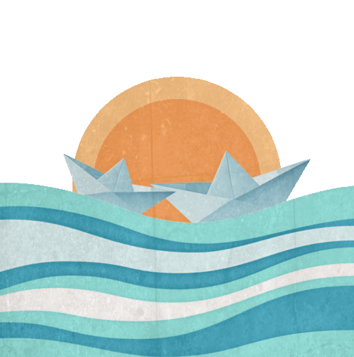 Animated illustration of two paper boats floating on waves with a sunset.